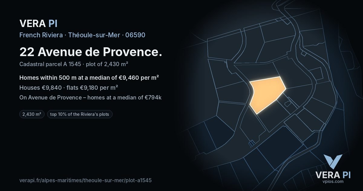 22 Avenue de Provence, Théoule-sur-Mer at night – the plot lit, the parcels around coloured by the prices near them