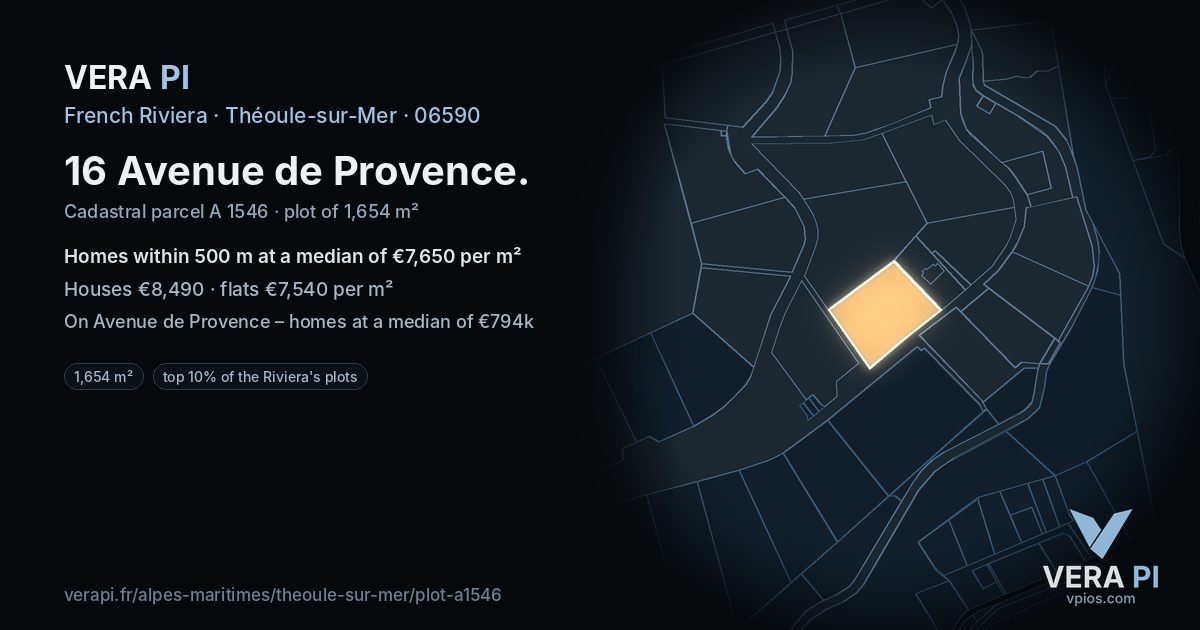 16 Avenue de Provence, Théoule-sur-Mer at night – the plot lit, the parcels around coloured by the prices near them