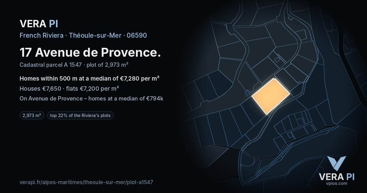 17 Avenue de Provence, Théoule-sur-Mer at night – the plot lit, the parcels around coloured by the prices near them
