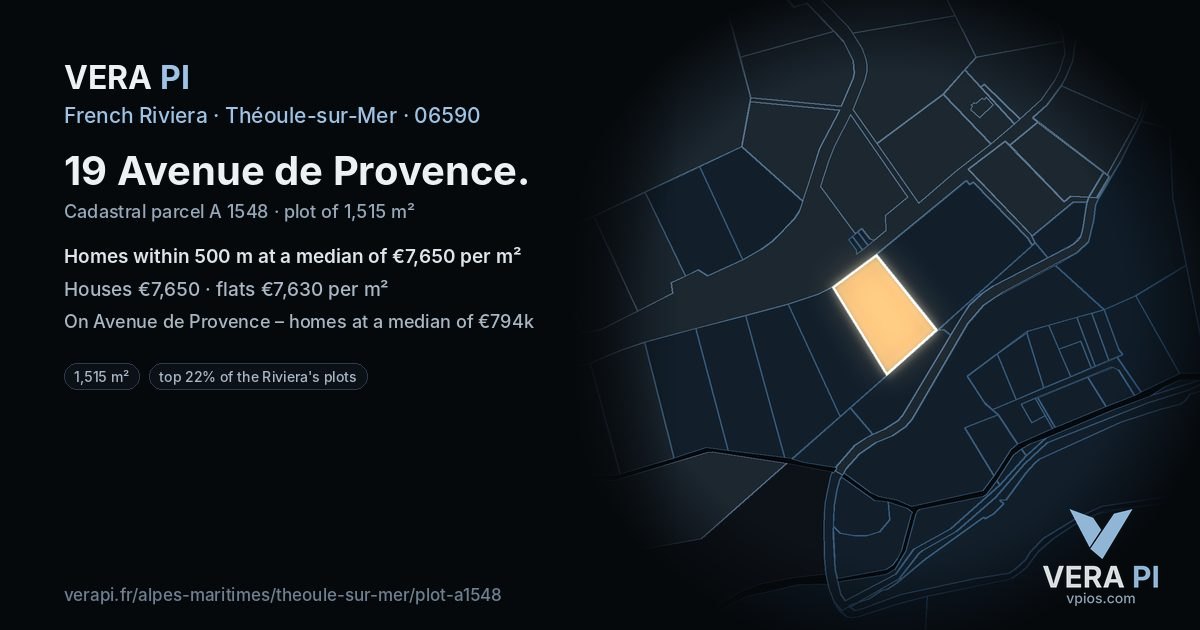 19 Avenue de Provence, Théoule-sur-Mer at night – the plot lit, the parcels around coloured by the prices near them