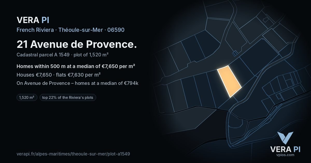 21 Avenue de Provence, Théoule-sur-Mer at night – the plot lit, the parcels around coloured by the prices near them