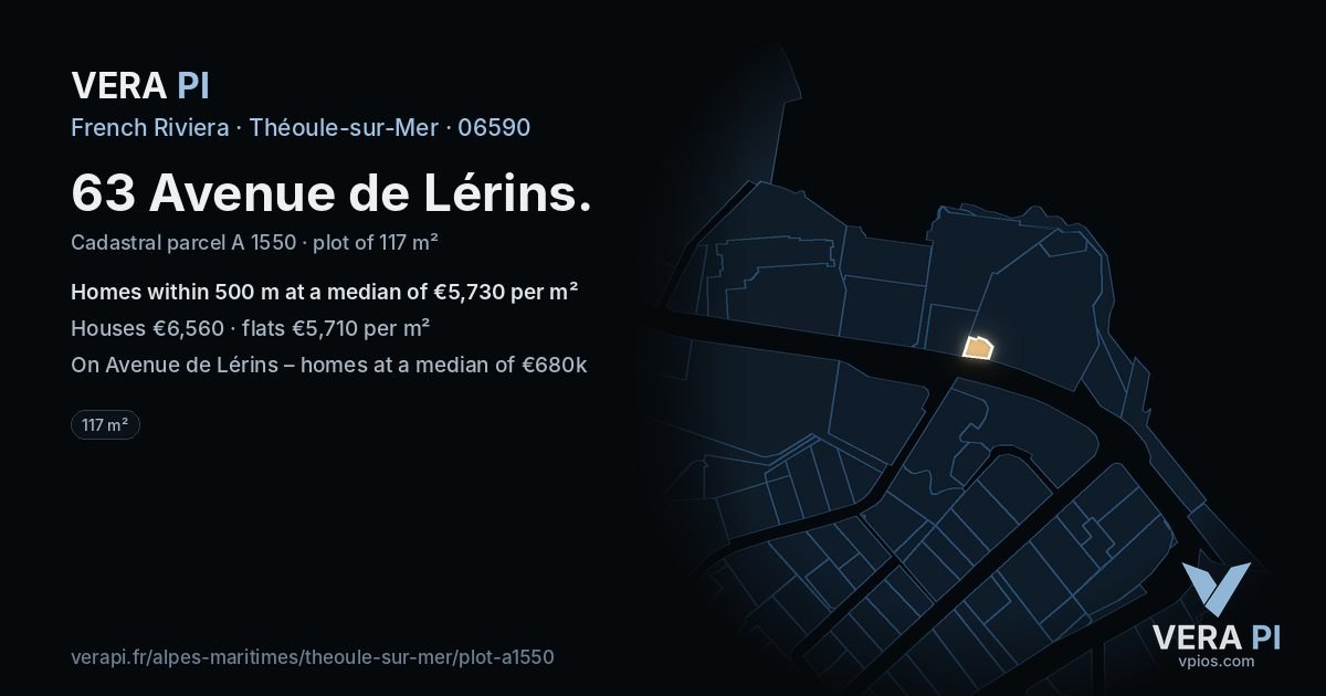 63 Avenue de Lérins, Théoule-sur-Mer at night – the plot lit, the parcels around coloured by the prices near them