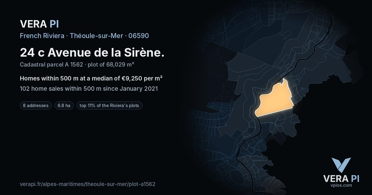 24 c Avenue de la Sirène, Théoule-sur-Mer at night – the plot lit, the parcels around coloured by the prices near them