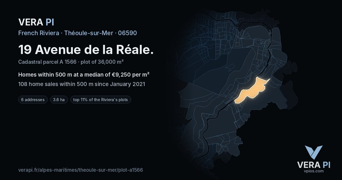 19 Avenue de la Réale, Théoule-sur-Mer at night – the plot lit, the parcels around coloured by the prices near them