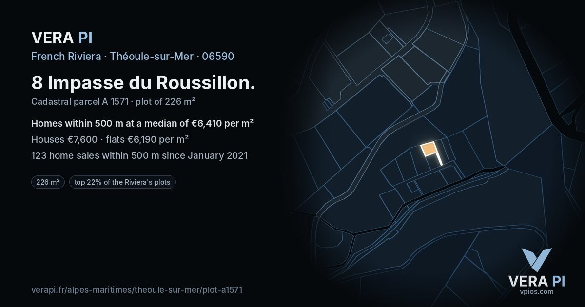 8 Impasse du Roussillon, Théoule-sur-Mer at night – the plot lit, the parcels around coloured by the prices near them