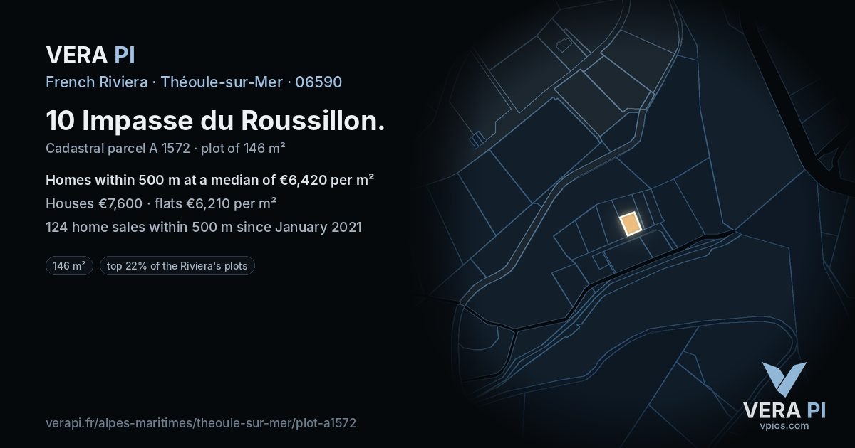10 Impasse du Roussillon, Théoule-sur-Mer at night – the plot lit, the parcels around coloured by the prices near them