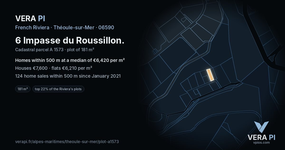 6 Impasse du Roussillon, Théoule-sur-Mer at night – the plot lit, the parcels around coloured by the prices near them