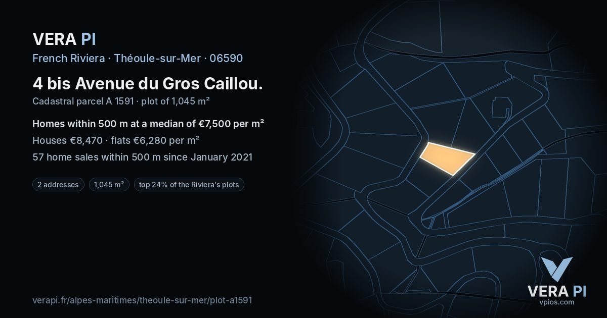 4 bis Avenue du Gros Caillou, Théoule-sur-Mer at night – the plot lit, the parcels around coloured by the prices near them