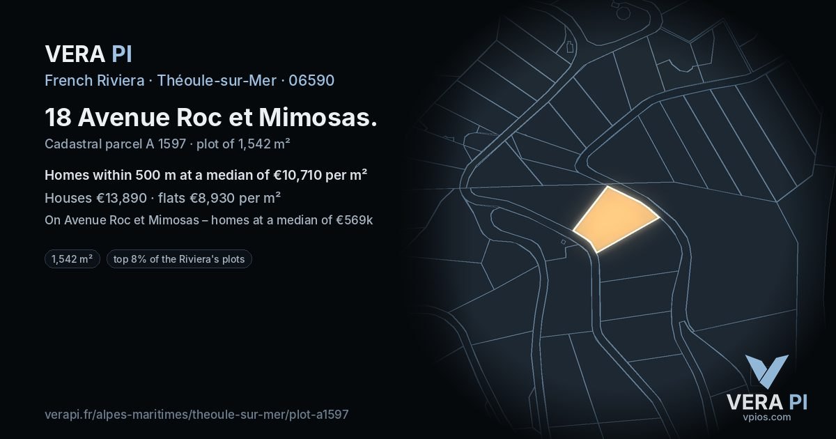 18 Avenue Roc et Mimosas, Théoule-sur-Mer at night – the plot lit, the parcels around coloured by the prices near them