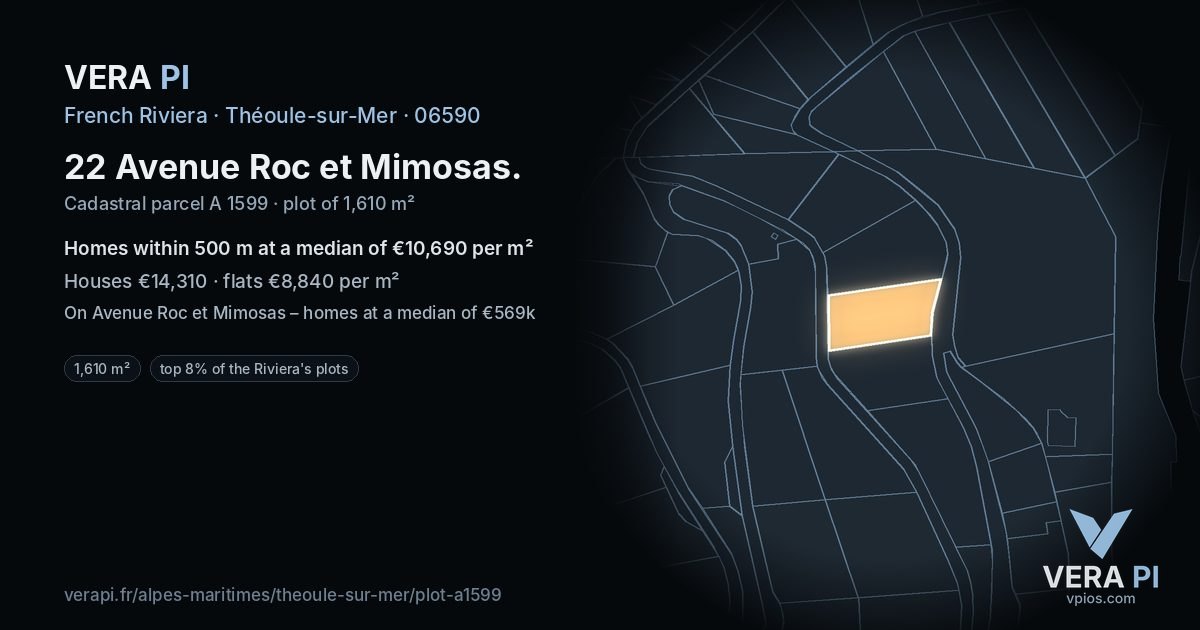 22 Avenue Roc et Mimosas, Théoule-sur-Mer at night – the plot lit, the parcels around coloured by the prices near them