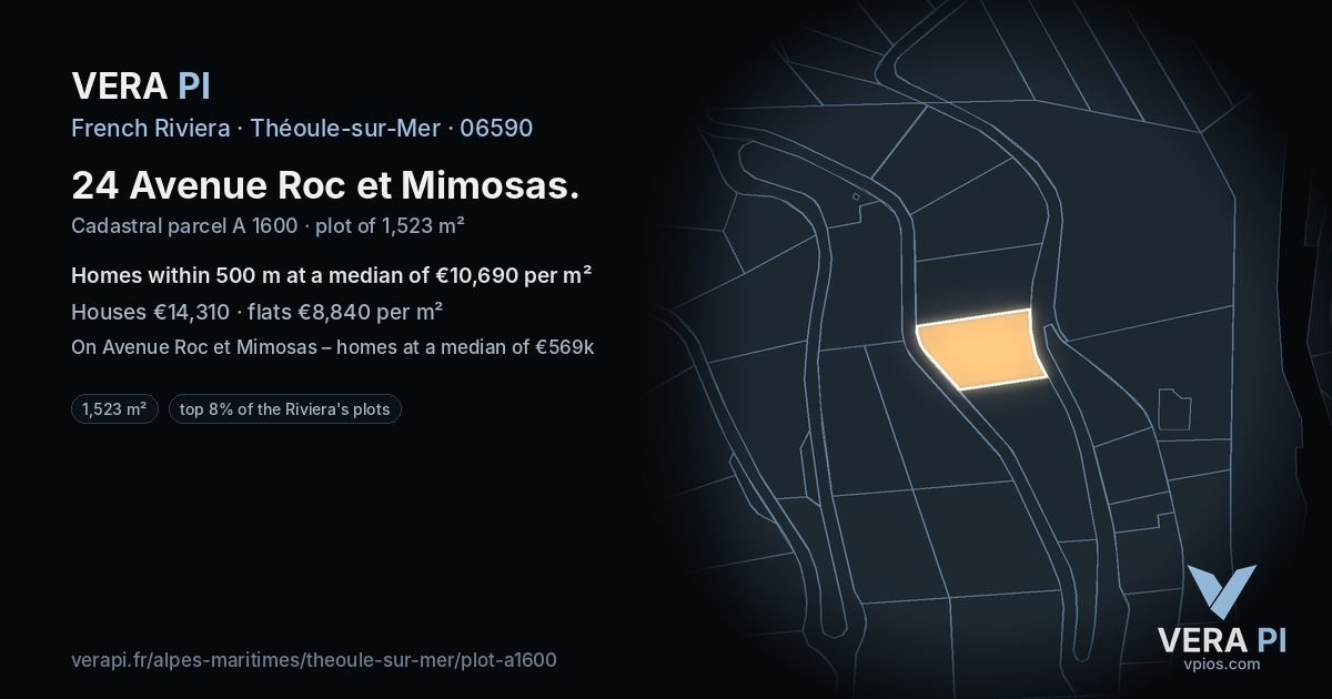 24 Avenue Roc et Mimosas, Théoule-sur-Mer at night – the plot lit, the parcels around coloured by the prices near them