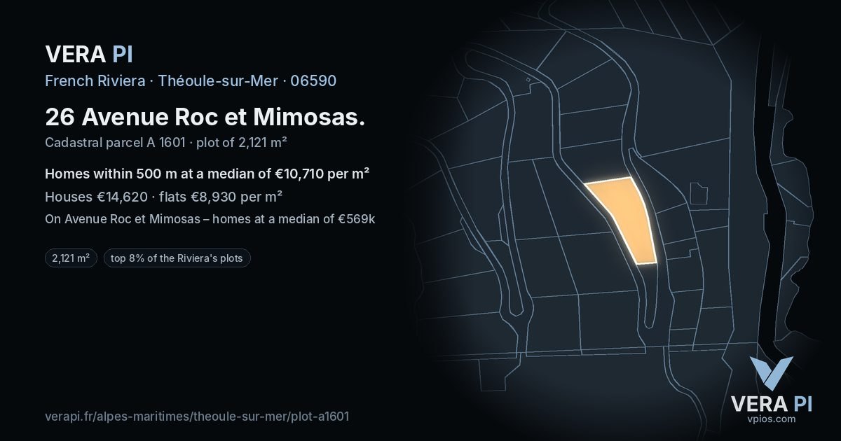 26 Avenue Roc et Mimosas, Théoule-sur-Mer at night – the plot lit, the parcels around coloured by the prices near them