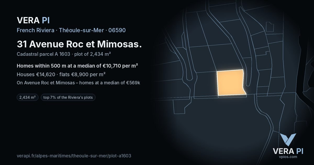 31 Avenue Roc et Mimosas, Théoule-sur-Mer at night – the plot lit, the parcels around coloured by the prices near them