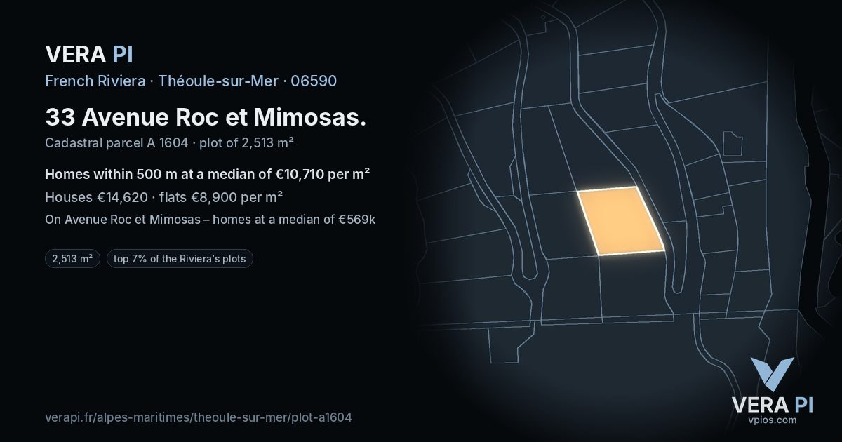 33 Avenue Roc et Mimosas, Théoule-sur-Mer at night – the plot lit, the parcels around coloured by the prices near them