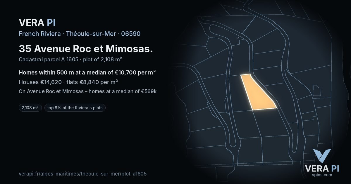 35 Avenue Roc et Mimosas, Théoule-sur-Mer at night – the plot lit, the parcels around coloured by the prices near them