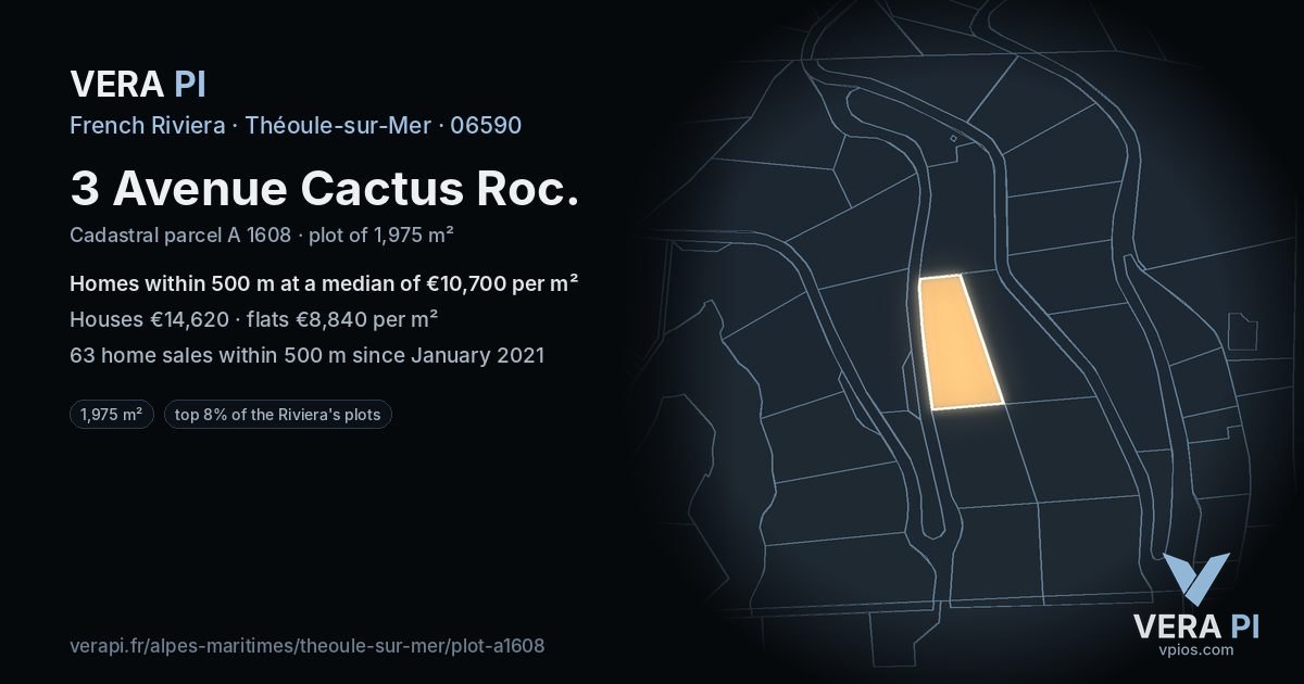 3 Avenue Cactus Roc, Théoule-sur-Mer at night – the plot lit, the parcels around coloured by the prices near them