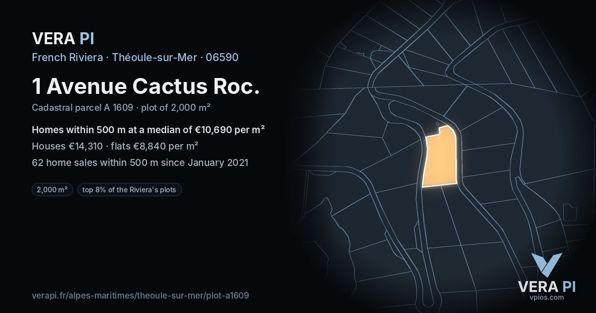 1 Avenue Cactus Roc, Théoule-sur-Mer at night – the plot lit, the parcels around coloured by the prices near them