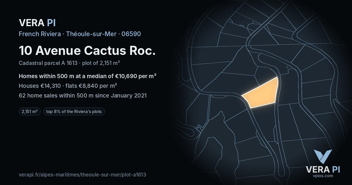 10 Avenue Cactus Roc, Théoule-sur-Mer at night – the plot lit, the parcels around coloured by the prices near them