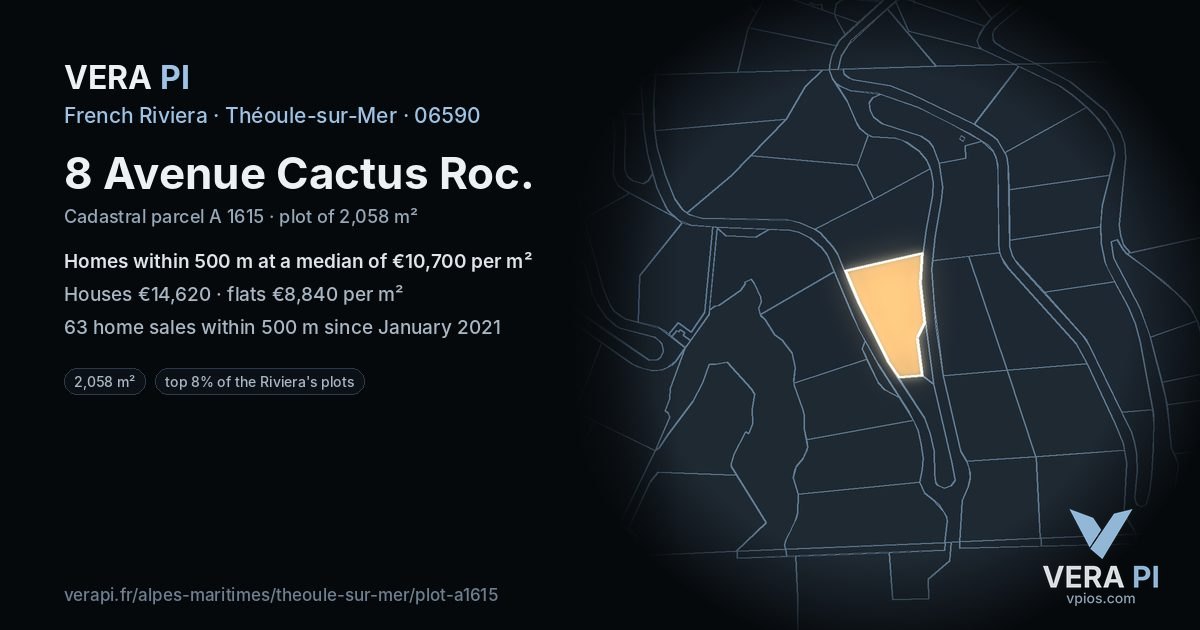 8 Avenue Cactus Roc, Théoule-sur-Mer at night – the plot lit, the parcels around coloured by the prices near them