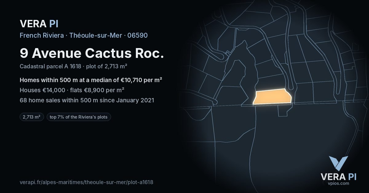 9 Avenue Cactus Roc, Théoule-sur-Mer at night – the plot lit, the parcels around coloured by the prices near them
