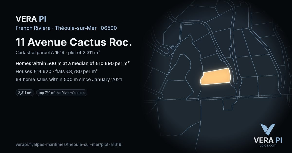 11 Avenue Cactus Roc, Théoule-sur-Mer at night – the plot lit, the parcels around coloured by the prices near them