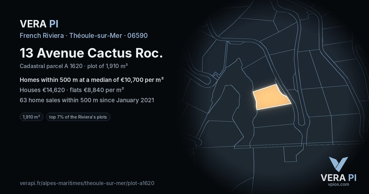 13 Avenue Cactus Roc, Théoule-sur-Mer at night – the plot lit, the parcels around coloured by the prices near them
