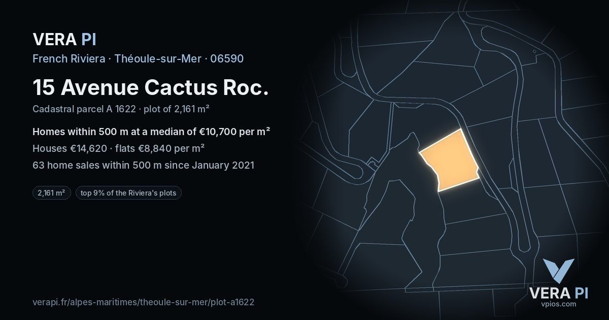 15 Avenue Cactus Roc, Théoule-sur-Mer at night – the plot lit, the parcels around coloured by the prices near them