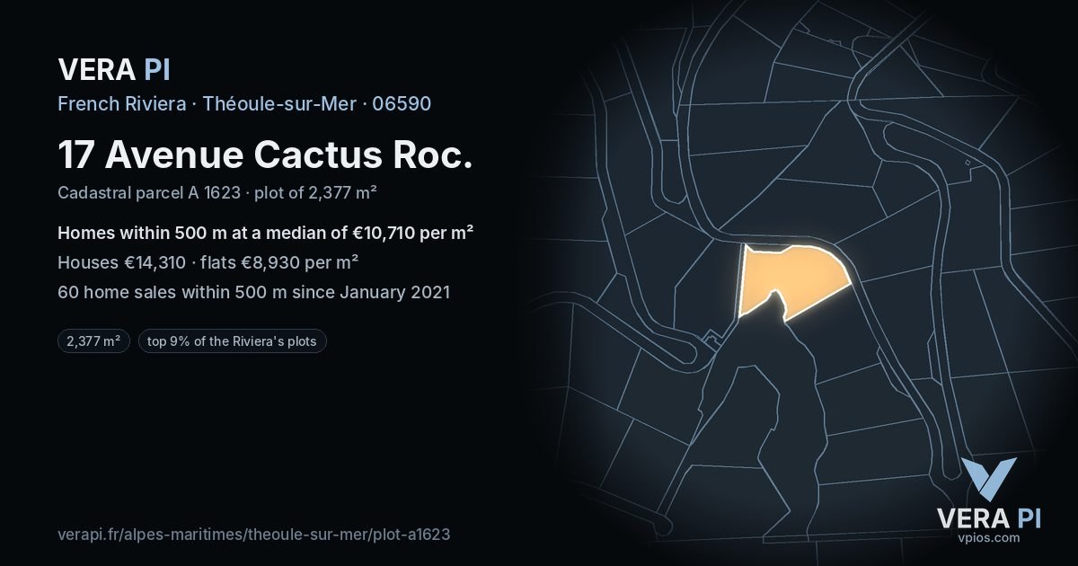 17 Avenue Cactus Roc, Théoule-sur-Mer at night – the plot lit, the parcels around coloured by the prices near them