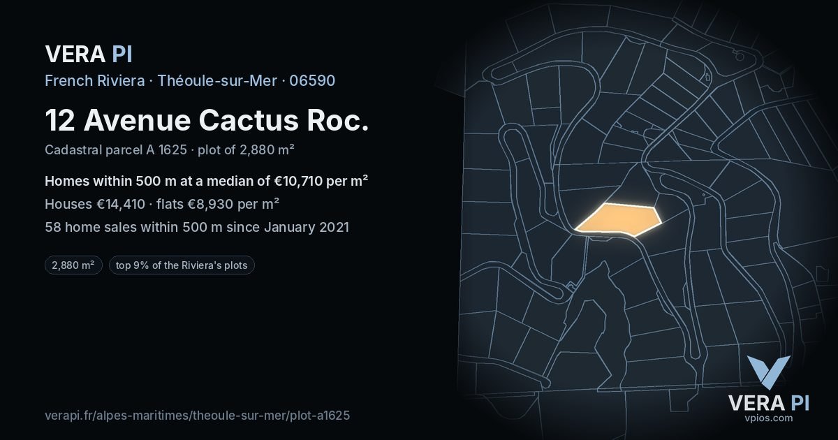 12 Avenue Cactus Roc, Théoule-sur-Mer at night – the plot lit, the parcels around coloured by the prices near them