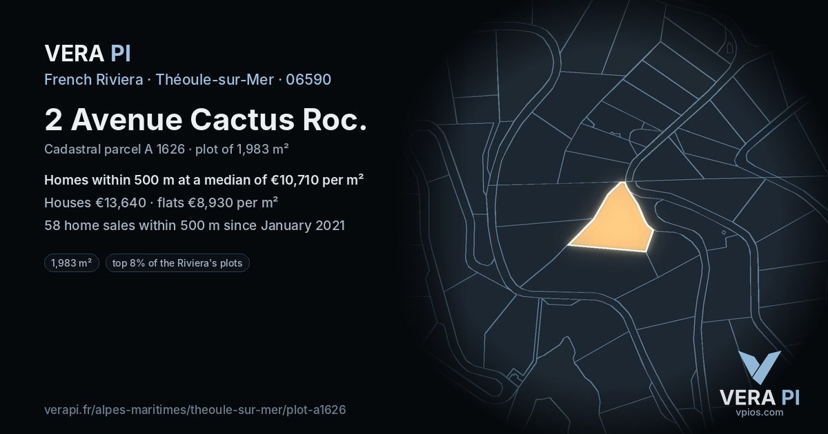 2 Avenue Cactus Roc, Théoule-sur-Mer at night – the plot lit, the parcels around coloured by the prices near them