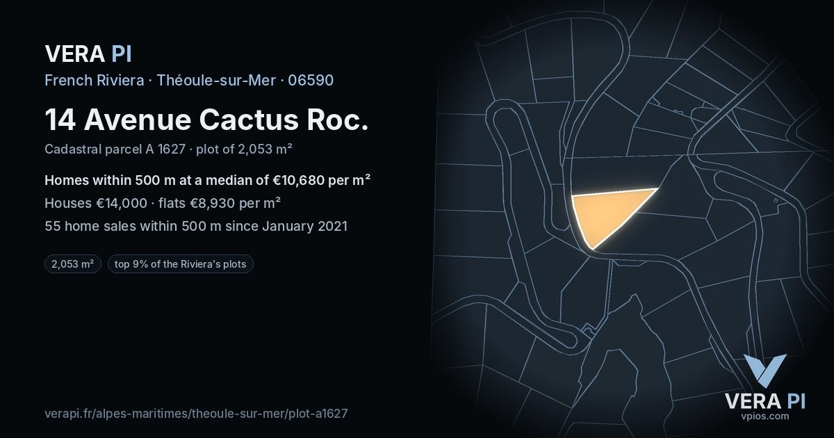 14 Avenue Cactus Roc, Théoule-sur-Mer at night – the plot lit, the parcels around coloured by the prices near them