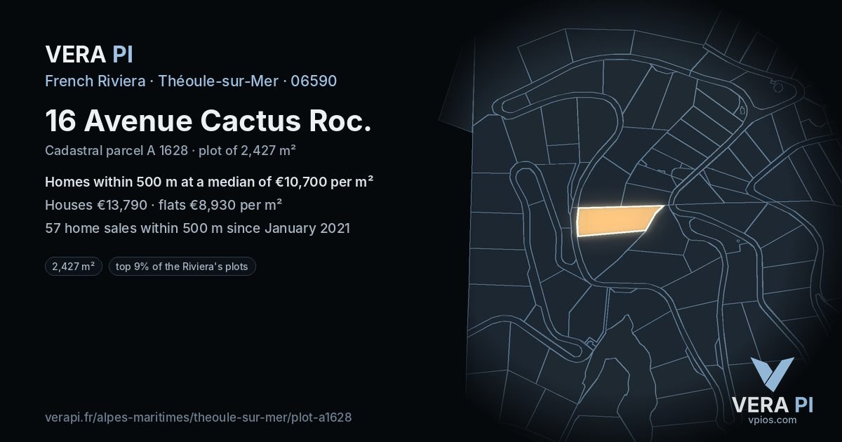 16 Avenue Cactus Roc, Théoule-sur-Mer at night – the plot lit, the parcels around coloured by the prices near them