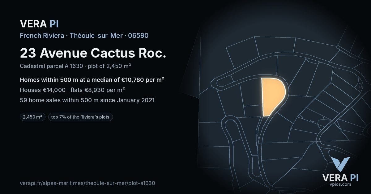 23 Avenue Cactus Roc, Théoule-sur-Mer at night – the plot lit, the parcels around coloured by the prices near them