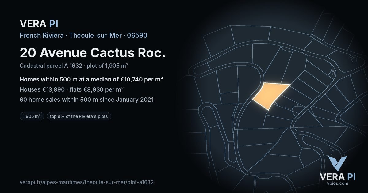 20 Avenue Cactus Roc, Théoule-sur-Mer at night – the plot lit, the parcels around coloured by the prices near them