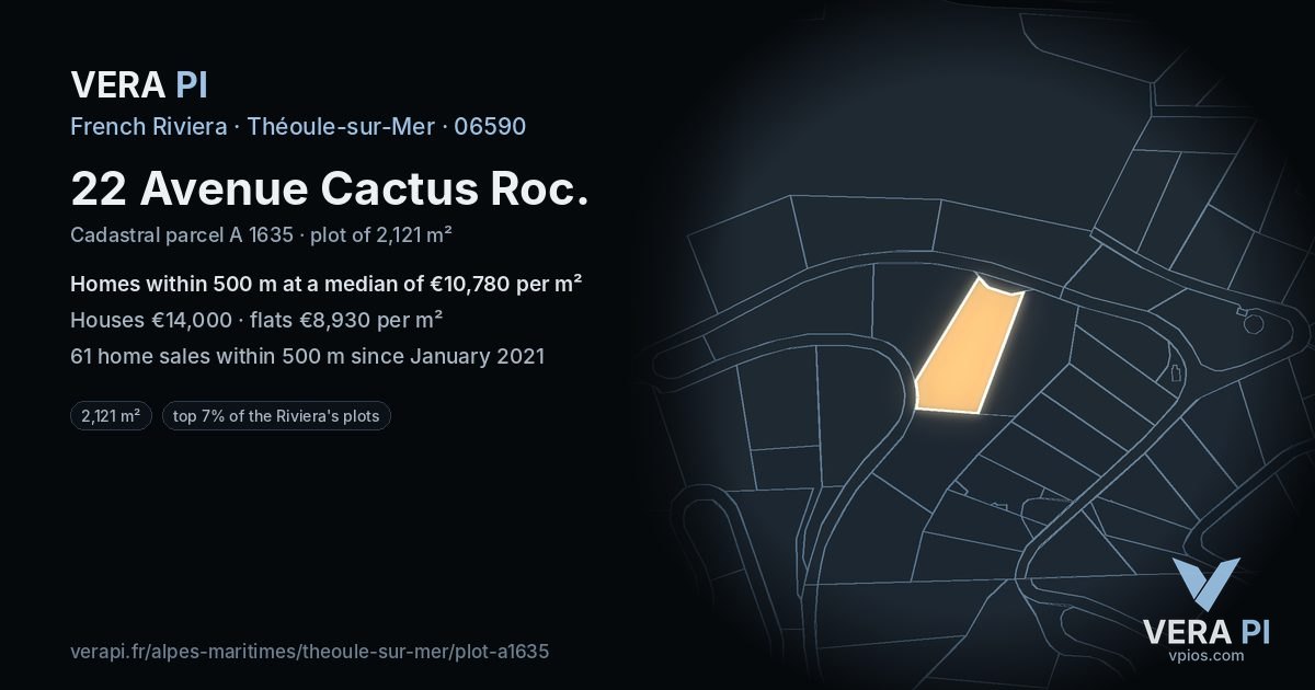 22 Avenue Cactus Roc, Théoule-sur-Mer at night – the plot lit, the parcels around coloured by the prices near them