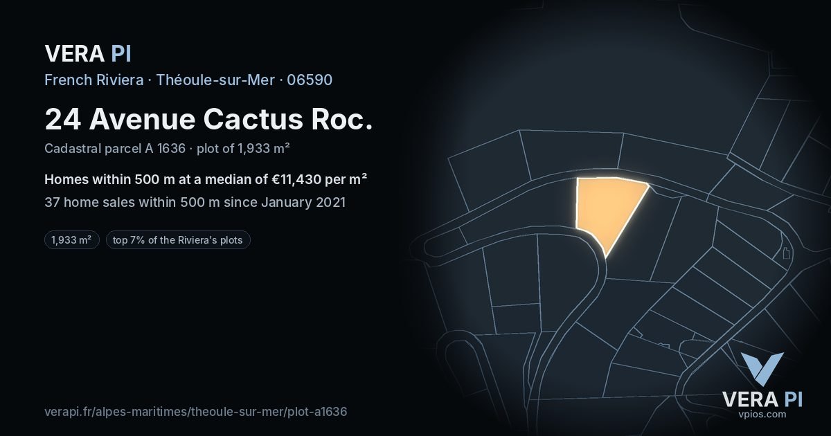 24 Avenue Cactus Roc, Théoule-sur-Mer at night – the plot lit, the parcels around coloured by the prices near them