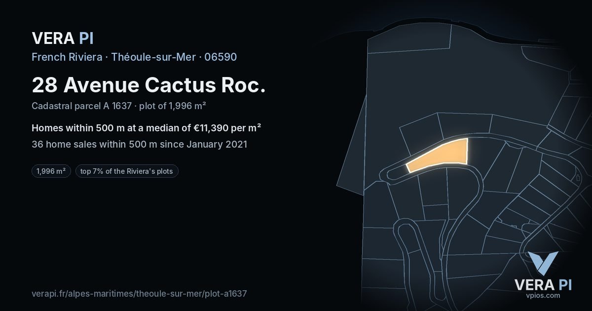 28 Avenue Cactus Roc, Théoule-sur-Mer at night – the plot lit, the parcels around coloured by the prices near them