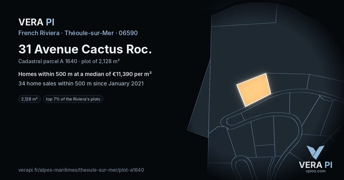 31 Avenue Cactus Roc, Théoule-sur-Mer at night – the plot lit, the parcels around coloured by the prices near them