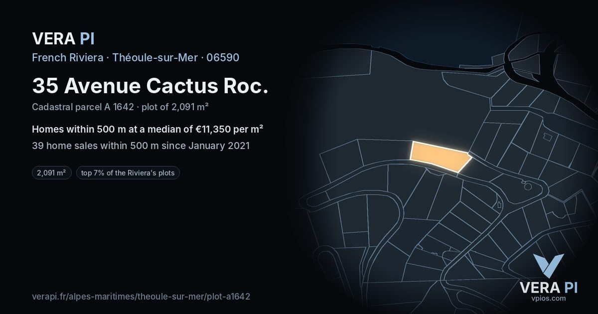 35 Avenue Cactus Roc, Théoule-sur-Mer at night – the plot lit, the parcels around coloured by the prices near them