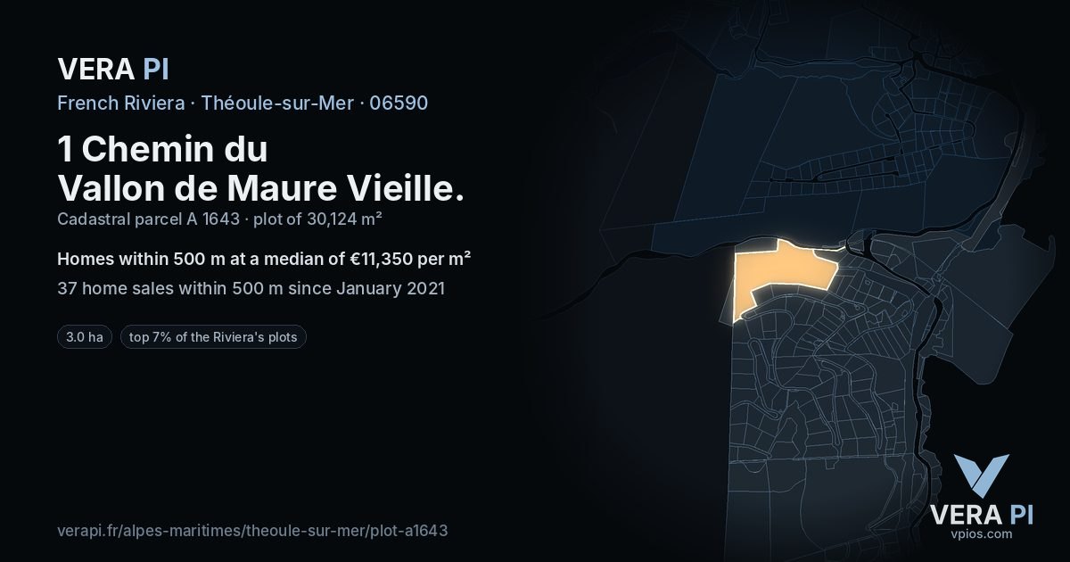 1 Chemin du Vallon de Maure Vieille, Théoule-sur-Mer at night – the plot lit, the parcels around coloured by the prices near them