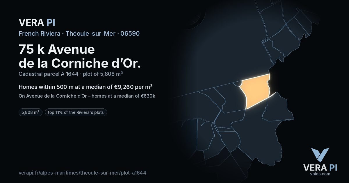75 k Avenue de la Corniche d’Or, Théoule-sur-Mer at night – the plot lit, the parcels around coloured by the prices near them