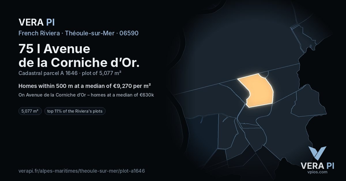 75 l Avenue de la Corniche d’Or, Théoule-sur-Mer at night – the plot lit, the parcels around coloured by the prices near them