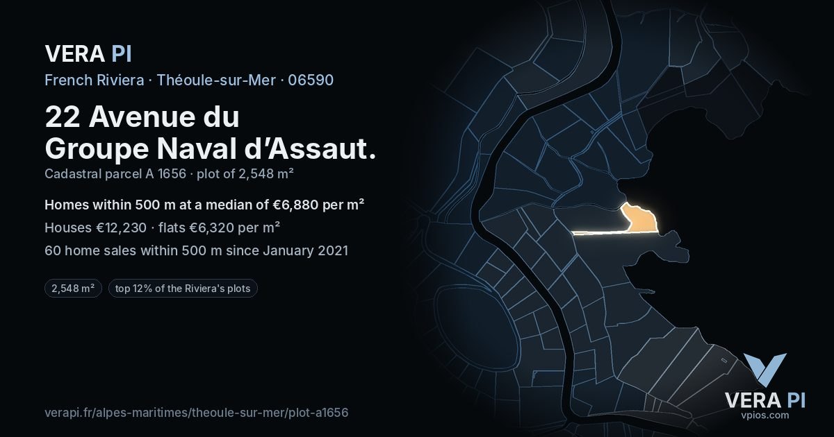 22 Avenue du Groupe Naval d’Assaut, Théoule-sur-Mer at night – the plot lit, the parcels around coloured by the prices near them
