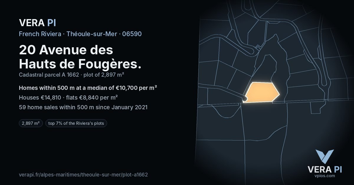 20 Avenue des Hauts de Fougères, Théoule-sur-Mer at night – the plot lit, the parcels around coloured by the prices near them