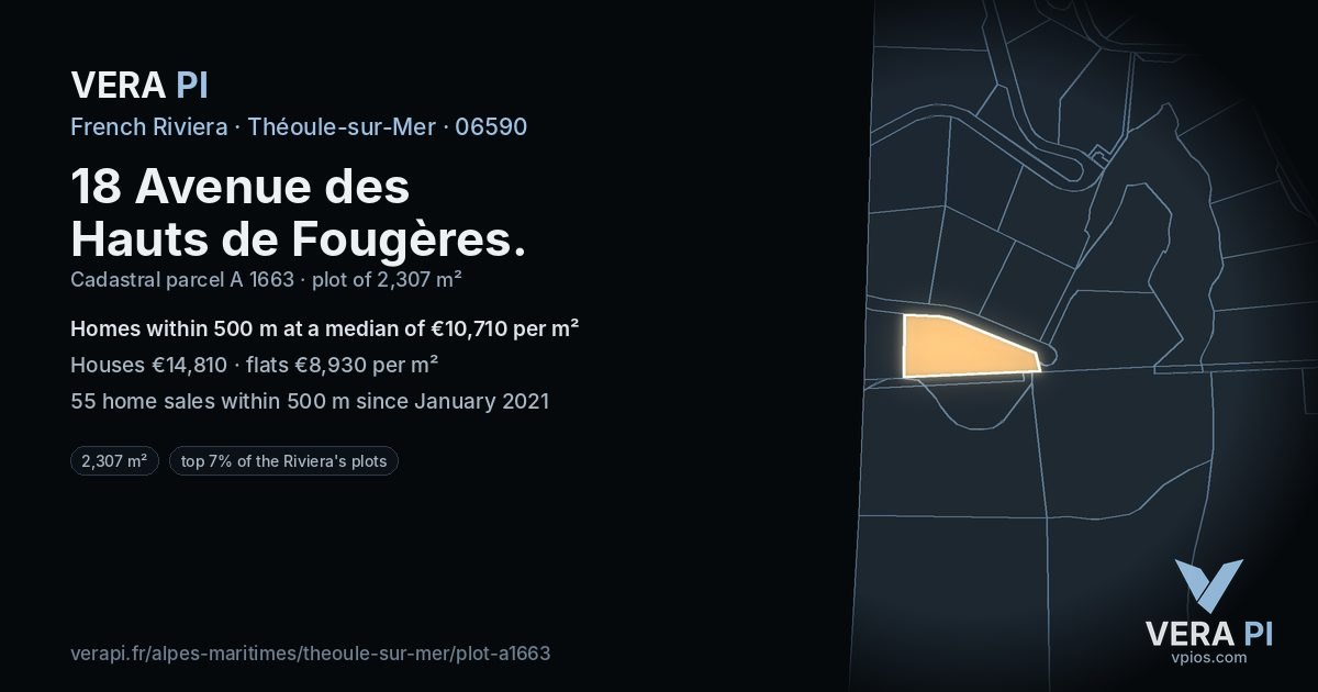 18 Avenue des Hauts de Fougères, Théoule-sur-Mer at night – the plot lit, the parcels around coloured by the prices near them