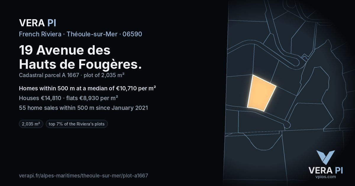 19 Avenue des Hauts de Fougères, Théoule-sur-Mer at night – the plot lit, the parcels around coloured by the prices near them