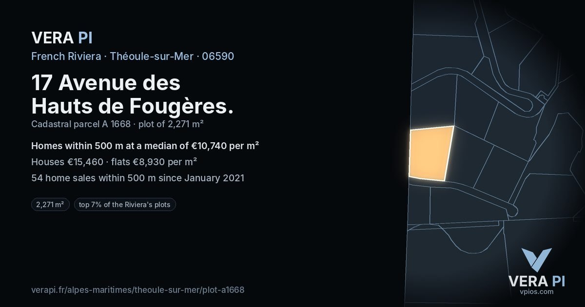 17 Avenue des Hauts de Fougères, Théoule-sur-Mer at night – the plot lit, the parcels around coloured by the prices near them