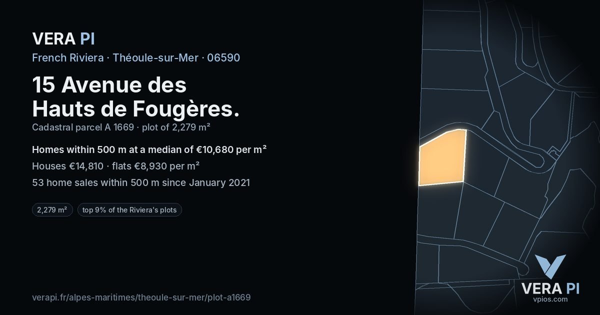 15 Avenue des Hauts de Fougères, Théoule-sur-Mer at night – the plot lit, the parcels around coloured by the prices near them