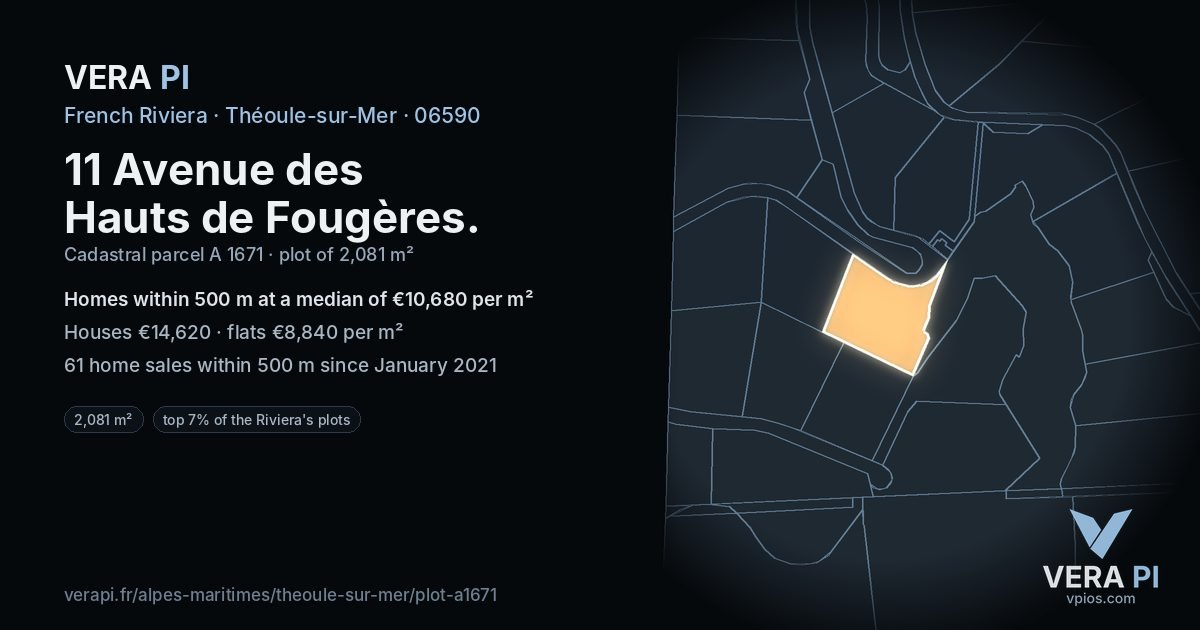 11 Avenue des Hauts de Fougères, Théoule-sur-Mer at night – the plot lit, the parcels around coloured by the prices near them