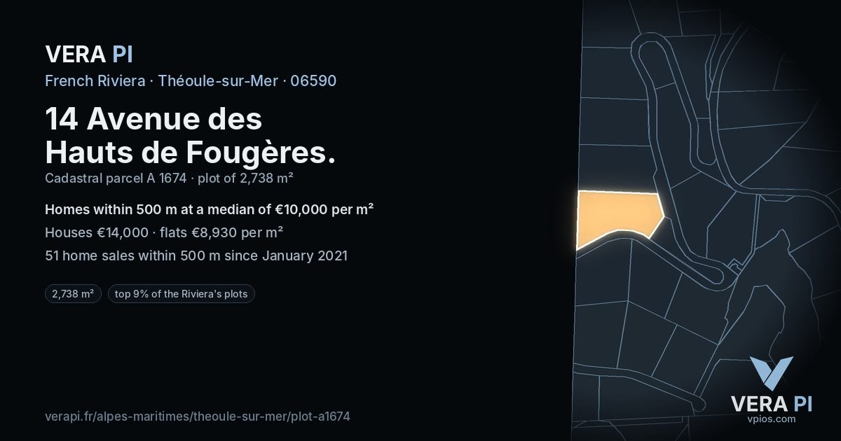 14 Avenue des Hauts de Fougères, Théoule-sur-Mer at night – the plot lit, the parcels around coloured by the prices near them